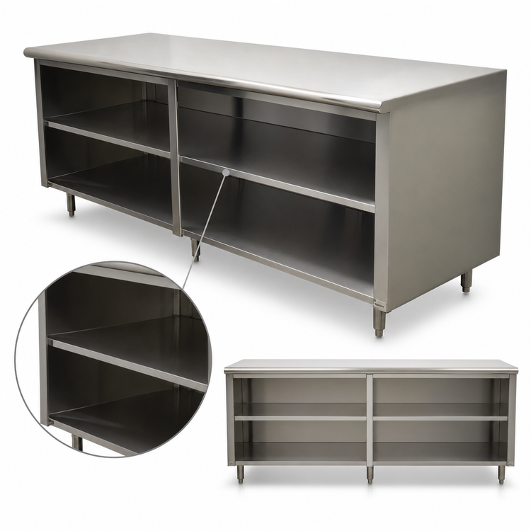 Product image #4 for Advance Tabco Special Value Economy Open Front Cabinet Base Work Table with Mid-Shelf, 120 Inch W x 30 Inch D, Flat Top, 16 Gauge 304 Stainless Steel Top