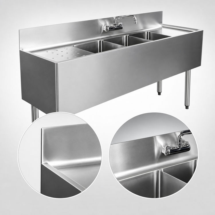 Product image #4 for CHOICE Two-Compartment Underbar Sink Unit with 4" Backsplash, 24"W x 24"D Overall, Stainless Steel