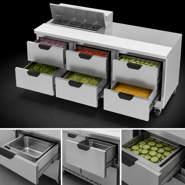 Product image #5 for Beverage-Air SPED72HC-08-6 72-Inch Three-Section Sandwich Top Refrigerated Prep Table with 6 Drawers and 8-Pan Opening