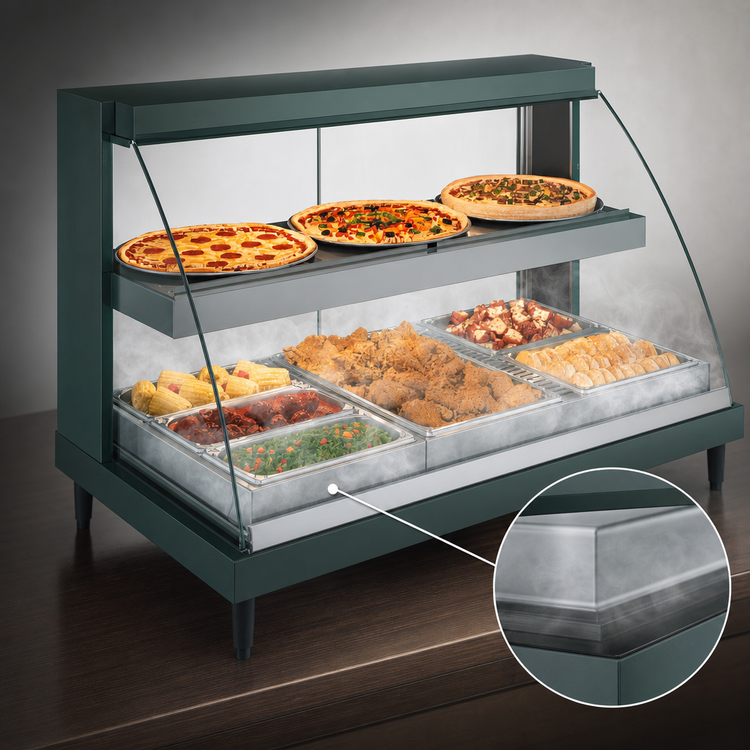 Product image #4 for Hatco Glo-Ray Designer Curved Glass Humidified Dual-Shelf Countertop Hot Food Display Case, 3-Pan, 120V