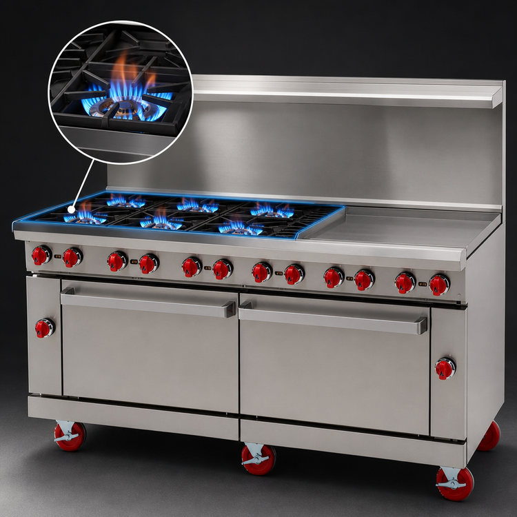 Product image #4 for American Range 72-Inch Gas Restaurant Range with 48-Inch Griddle, 4 Open Burners, and 2 Standard Ovens