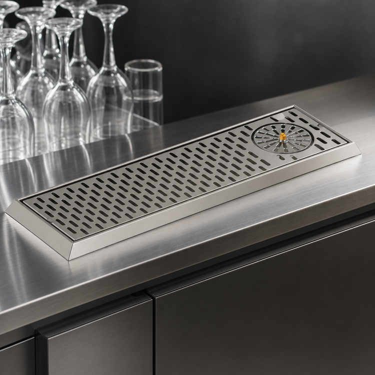 Product image #4 for Perlick C18000 Series Surface-Mount Stainless Steel Drip Tray Trough with End Glass Rinser