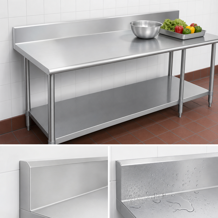 Product image #4 for Duke 144-Inch x 30-Inch 14-Gauge 300-Series Stainless Steel Work Table with 5-Inch Riser and Galvanized Undershelf