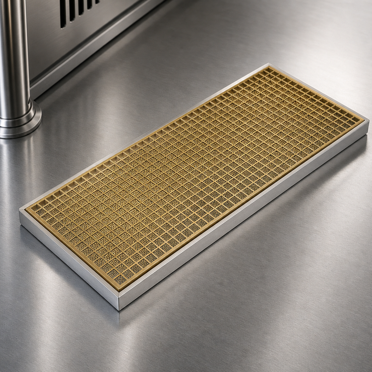 Product image #4 for Surface-Mount Stainless Steel Drip Tray Trough with Perforated PVD Brass Screen, 20 x 8 Inch