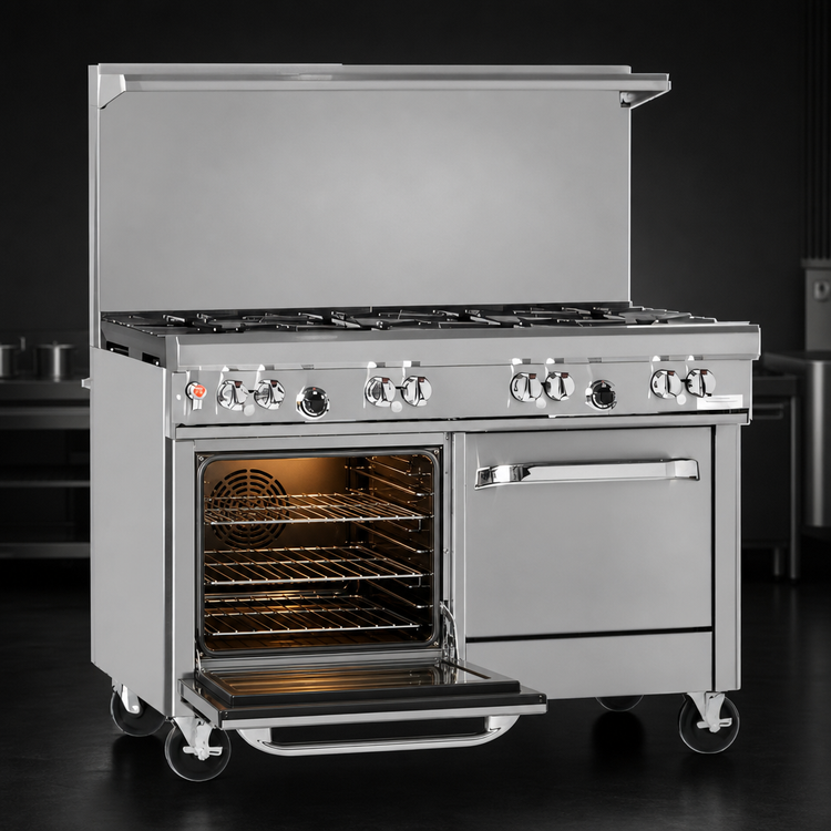Product image #4 for Ultimate 48-Inch Gas Restaurant Range with 4 Pyromax Burners, 2 Non-Clog Burners, Convection Oven, and Cabinet Base