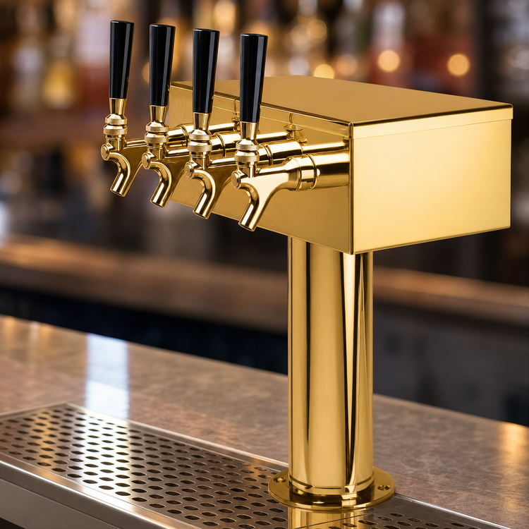 Product image #4 for Micro Matic T Style 12-Inch Wide 4-Faucet Countertop Glycol-Cooled Draft Beer Tower, PVD Brass Finish