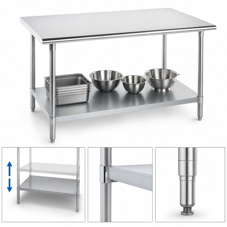 Product image #4 for Advance Tabco 84 Inch x 36 Inch Flat Top Work Table with Adjustable Galvanized Undershelf and Legs, 304 Stainless Steel Top