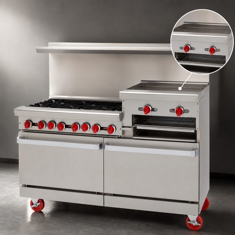 Product image #4 for American Range 48-Inch Commercial Gas Range with 4 Open Burners, 24-Inch Raised Griddle/Broiler, Left Standard Oven, and Right Storage Base