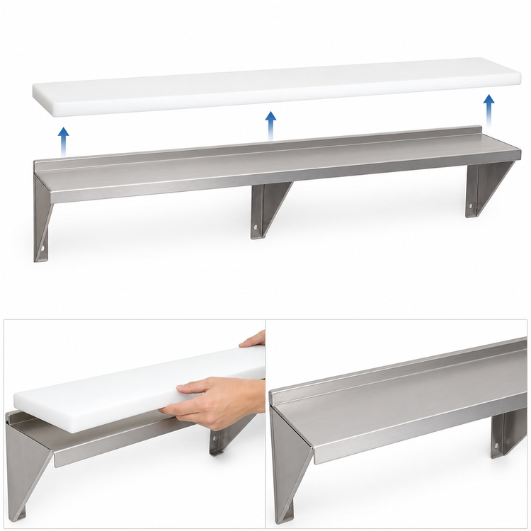 Product image #4 for Advance Tabco Triumph (Supreme) 62-7/16-Inch Wide Stainless Steel Shelf with Removable 3/8-Inch White Poly Cutting Board for 4-Well Food Units