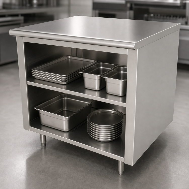 Product image #4 for Advance Tabco 84-Inch x 30-Inch 14-Gauge 304 Stainless Steel Work Table with Open Front Cabinet Base and Mid-Shelf