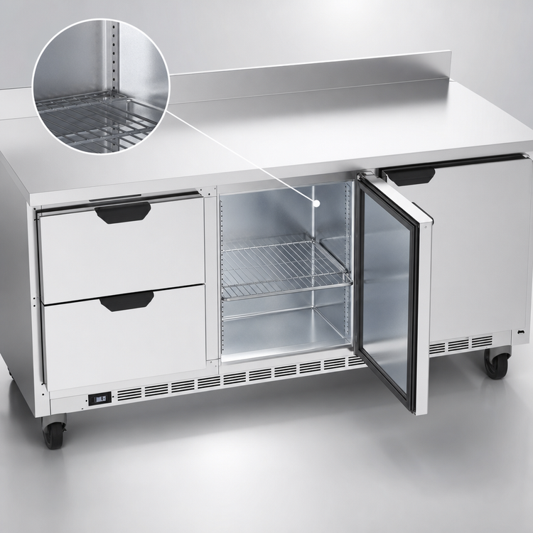 Product image #4 for Beverage-Air 72-Inch Three-Section Worktop Refrigerator with 2 Drawers, 2 Doors, and Stainless Steel Top