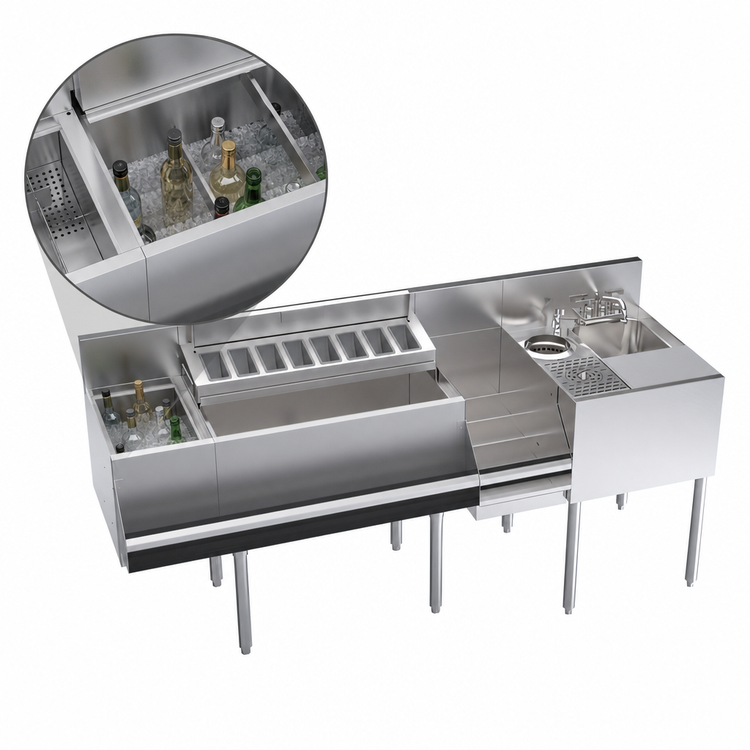 Product image #5 for Krowne Royal Series Single Zero-Step Speed Station with Sink, Glass Rinser, and Speedrail, 70 Inch x 24 Inch