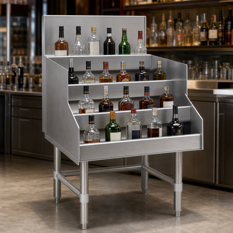 Product image #4 for Spec-Bar 36-Inch Freestanding Liquor Bottle Display Unit, 4-Step Open Step-and-Rail, 304 Stainless Steel