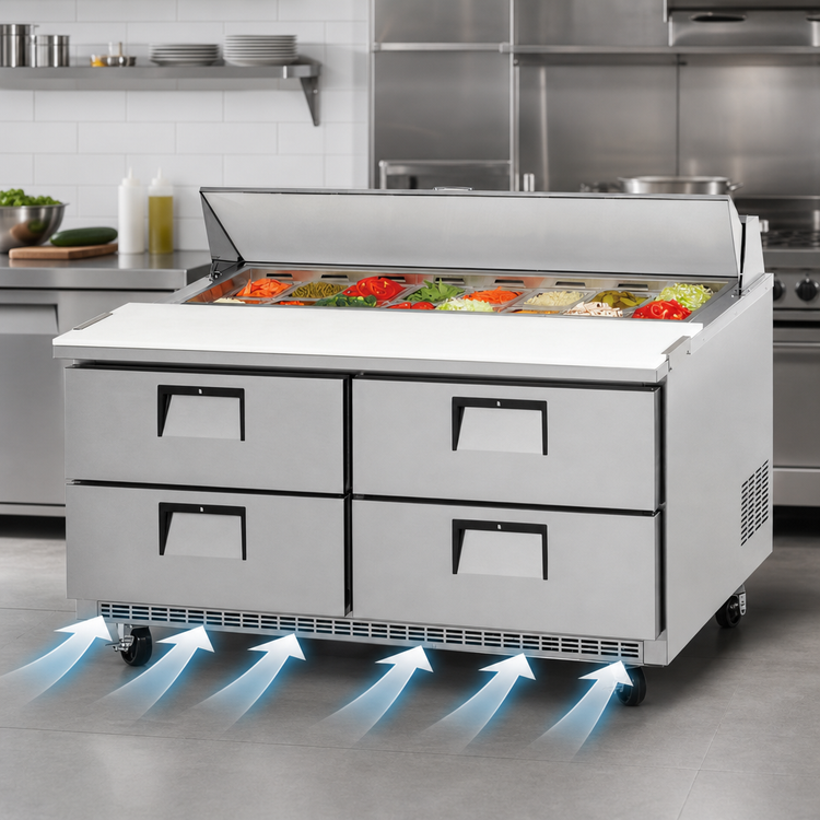 Product image #4 for Everest Refrigeration EPBNWR2-D4 Two-Section Sandwich Prep Table with Four Drawers and Rear-Mounted Self-Contained Refrigeration