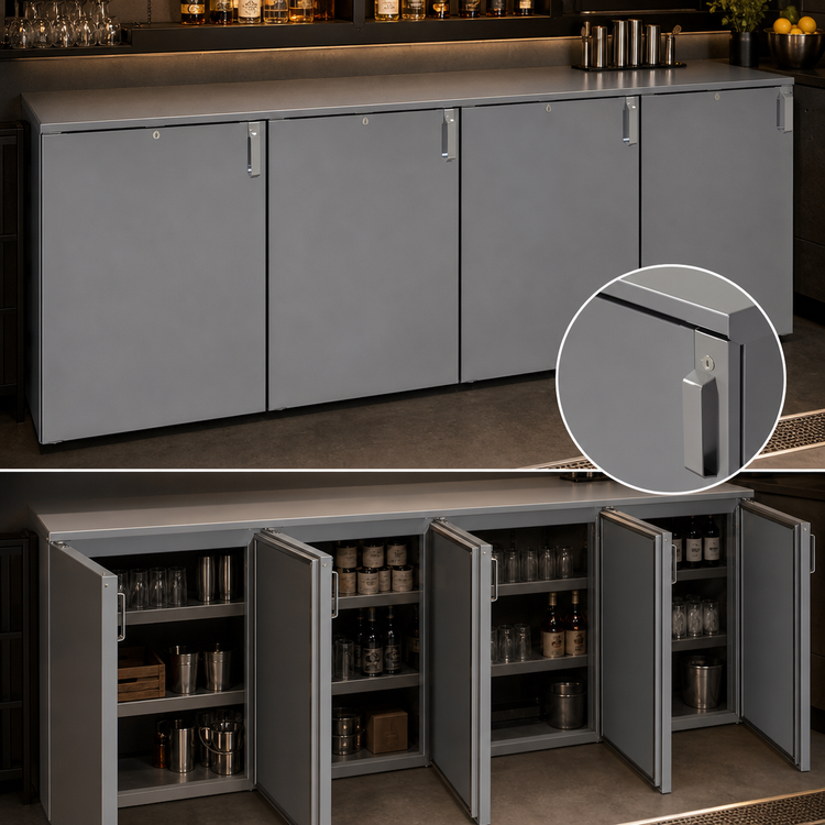 Product image #4 for Glastender DS96 96-Inch Non-Refrigerated Four-Section Back Bar Dry Storage Cabinet with Solid Hinged Doors