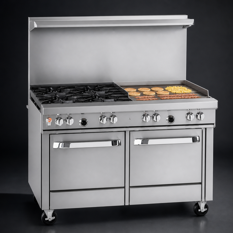 Product image #4 for Ultimate 48-Inch Gas Restaurant Range with 4 Star/Sauté Burners, 24-Inch Griddle, and 2 Space Saver Ovens