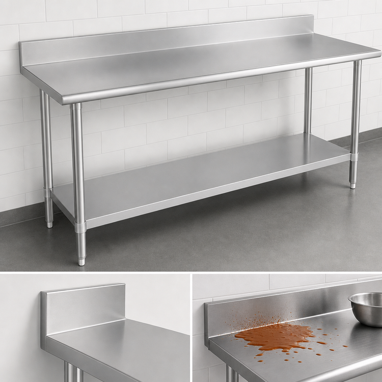 Product image #4 for Duke 84-Inch x 36-Inch 16-Gauge 300 Series Stainless Steel Work Table with 5-Inch Riser, Stainless Undershelf, and Posts