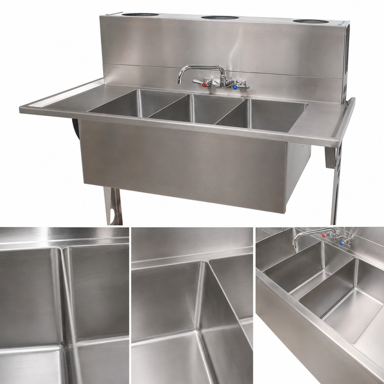 Product image #5 for BK Resources Slim-Line 3-Compartment Underbar Sink with Left and Right Drainboards