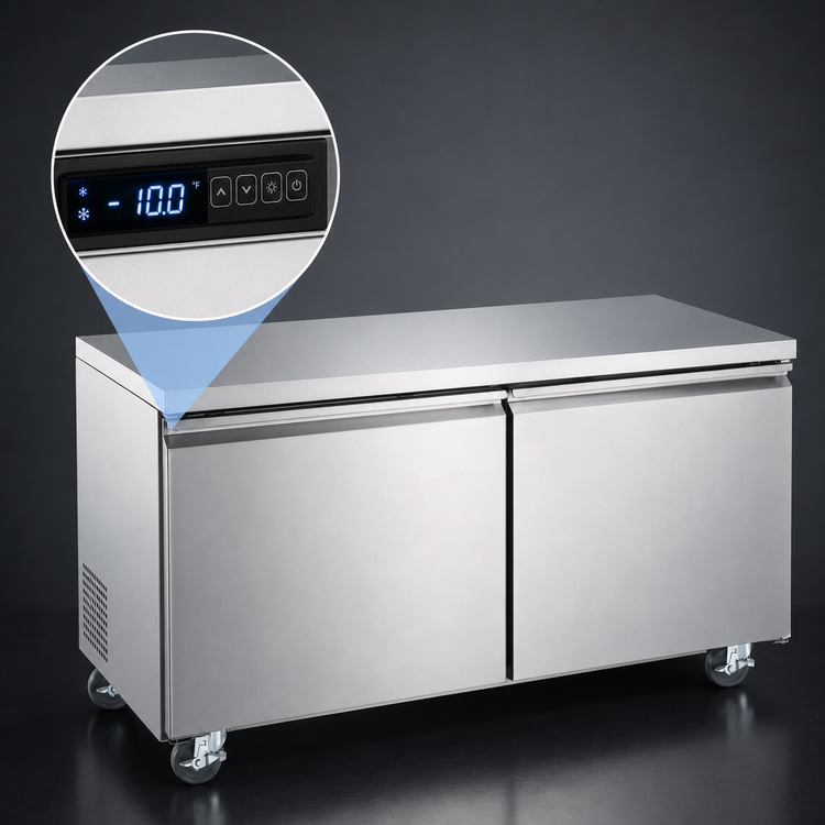 Product image #4 for Omcan 60-Inch Two-Door Undercounter Freezer, 15 Cu. Ft., Rear-Mount Self-Contained Refrigeration, Stainless Steel