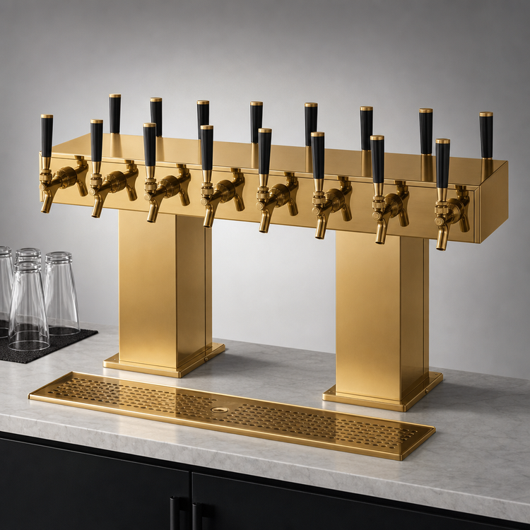 Product image #4 for Perlick Back-to-Back Bridge Tee Countertop Draft Beer Tower, Extra High, Glycol-Cooled, 36 Faucets, Brass Finish