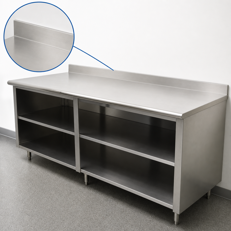 Product image #4 for Advance Tabco Special Value Economy 96-Inch x 24-Inch Stainless Steel Open Front Cabinet Work Table with 5-Inch Backsplash and Mid-Shelf