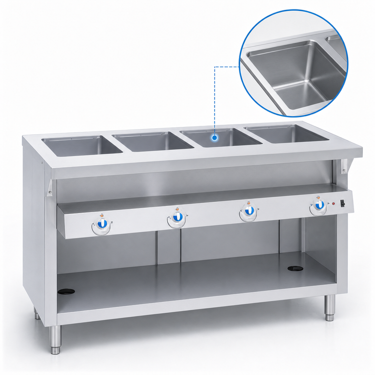 Product image #4 for Thurmaduke E-4-DLPG Electric 4-Well Full-Size Steamtable Unit with Open Storage Base