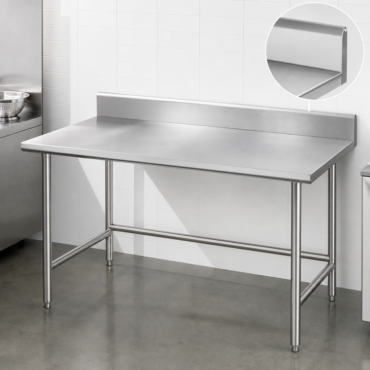 Product image #4 for Advance Tabco 84-Inch x 30-Inch 16-Gauge 430 Stainless Steel Open Base Work Table with 5-Inch Backsplash