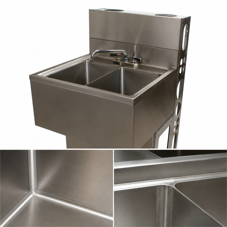 Product image #5 for BK Resources Three-Compartment Stainless Steel Underbar Slimline Sink with Faucet, Basket Drains, and Overflow Tubes