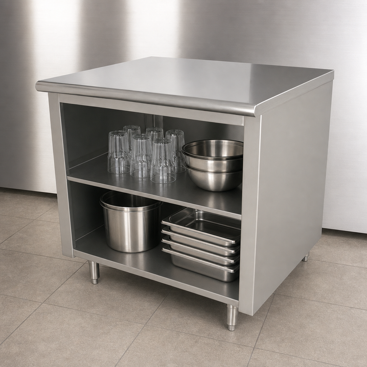 Product image #4 for Advance Tabco 36 Inches x 36 Inches Underbar Work Table with Open Front Cabinet Base, Mid-Shelf, and 14-Gauge 304 Stainless Steel Top