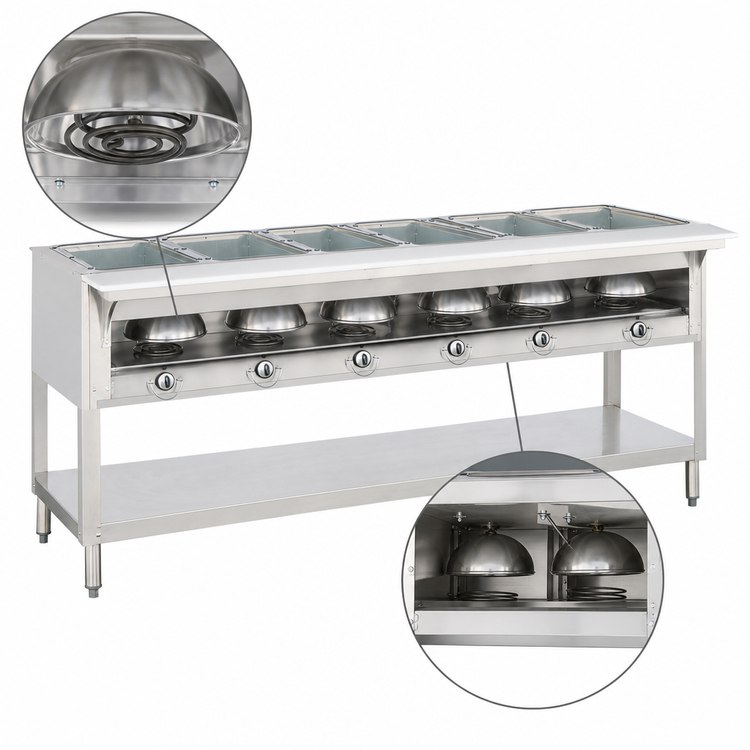 Product image #4 for Aerohot E305 Electric 5-Well Hot Food Station with Stainless Steel Open Base and Poly Carving Board