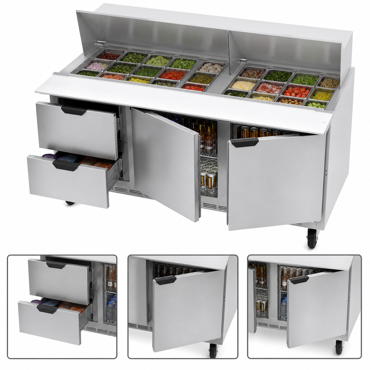 Product image #5 for Beverage-Air SPED72HC-30M-2 Mega Top Sandwich Prep Table with 30-Pan Top, 2 Doors, 2 Drawers