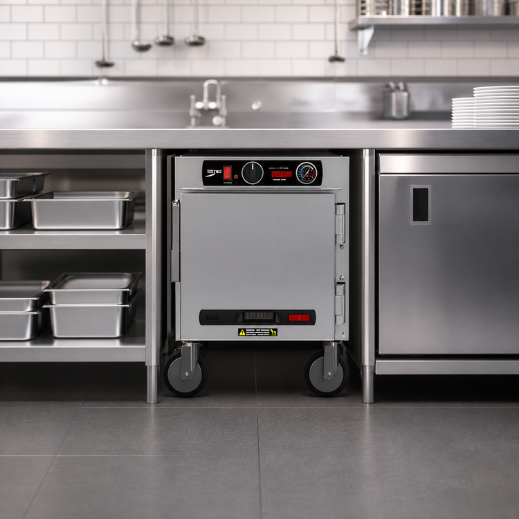 Product image #5 for Metro HotBlox Narrow 4-Pan Pass-Thru Undercounter Insulated Holding Cabinet with Analog Controls, Solid Front/Clear Rear Doors