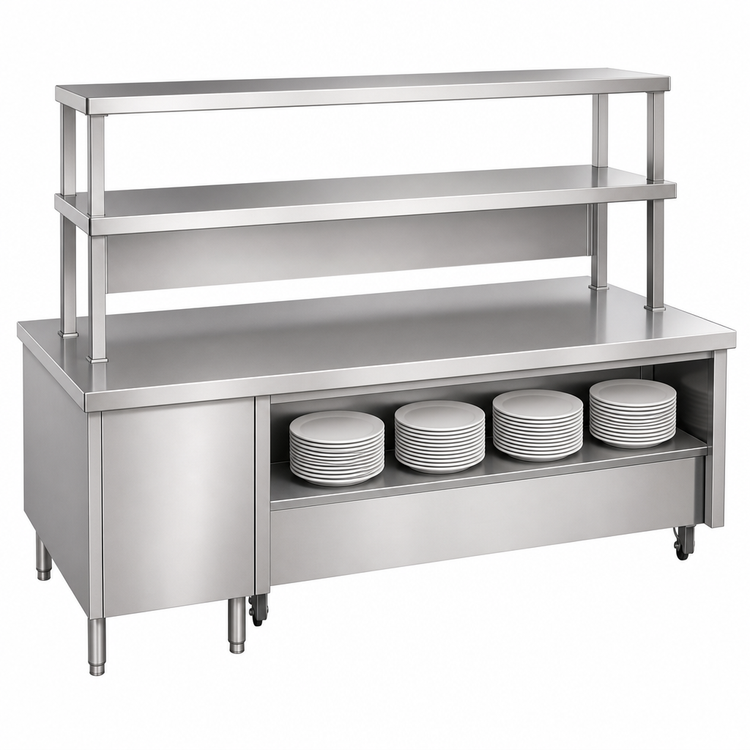 Product image #4 for Randell Modular Chef Service Counter Center Section, 97-1/2 Inch Wide, Stainless Steel, with Plate Storage Cabinet and Double Overshelf