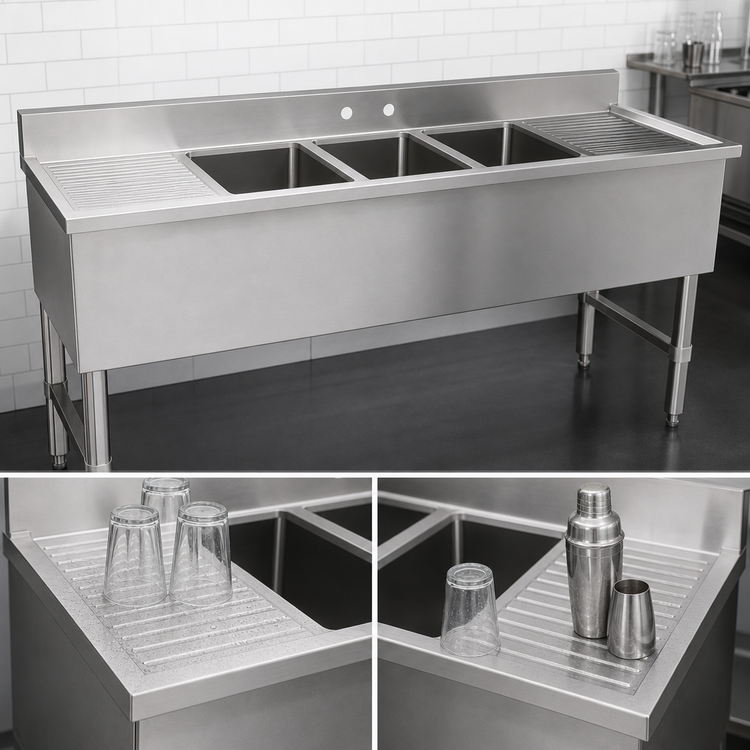 Product image #4 for Omcan USA 60-Inch Three-Compartment Underbar Sink with Left and Right Drainboards, 304 Stainless Steel