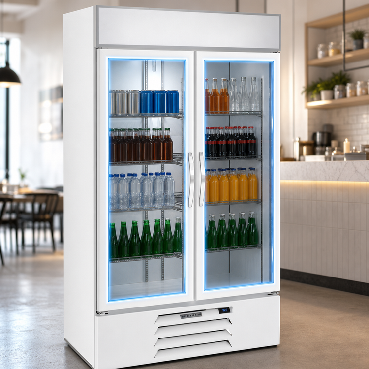 Product image #5 for Beverage-Air MarketMax 2-Section Reach-In Glass Door Refrigerated Merchandiser, 40.2 Cu. Ft., White, Bottom-Mounted