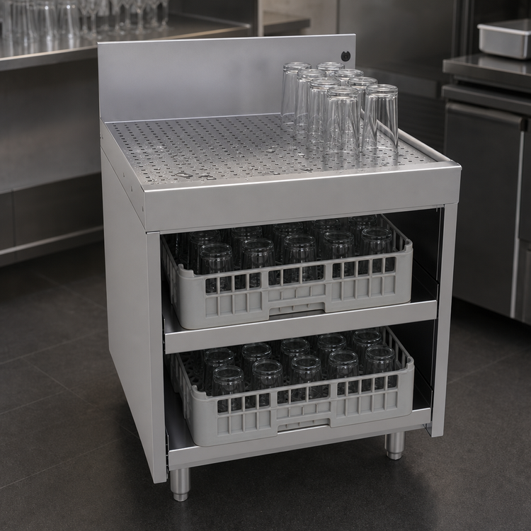 Product image #4 for Glastender Stainless Steel Underbar Glass Rack Storage Unit with Drainboard Top, Open Front Base, Holds 2 Glass Racks, 24"W x 24"D