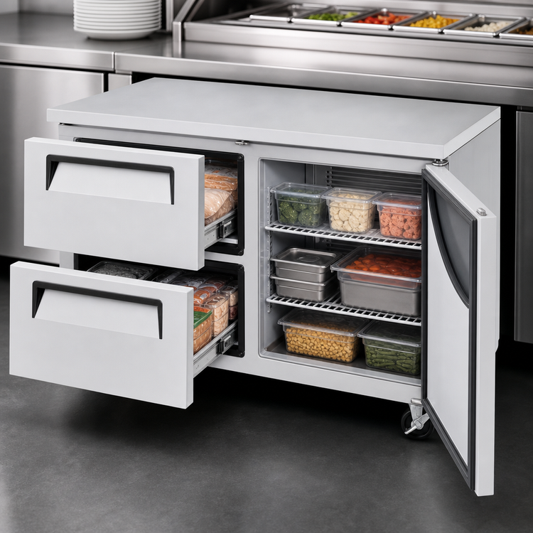 Product image #4 for Turbo Air Super Deluxe 48-Inch Two-Section Undercounter Freezer with 2 Drawers and Right-Hinged Door, 12.2 Cu. Ft.