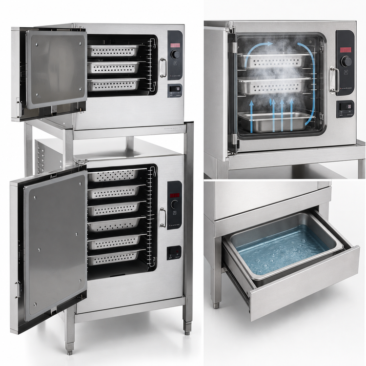 Product image #4 for SteamChef Double-Stacked Boilerless Electric Convection Steamer with Stand, 3- and 6-Pan Compartments