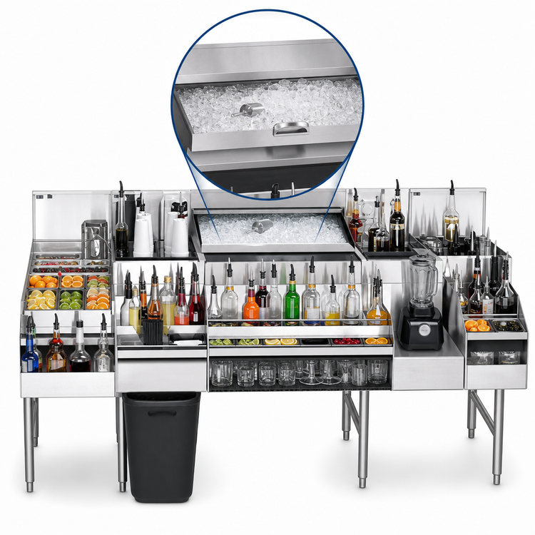 Product image #4 for Glastender ALL-60A 60-Inch All-In-One Underbar Ice Bin/Cocktail Station with Blender Shelf and Double Speed Rail