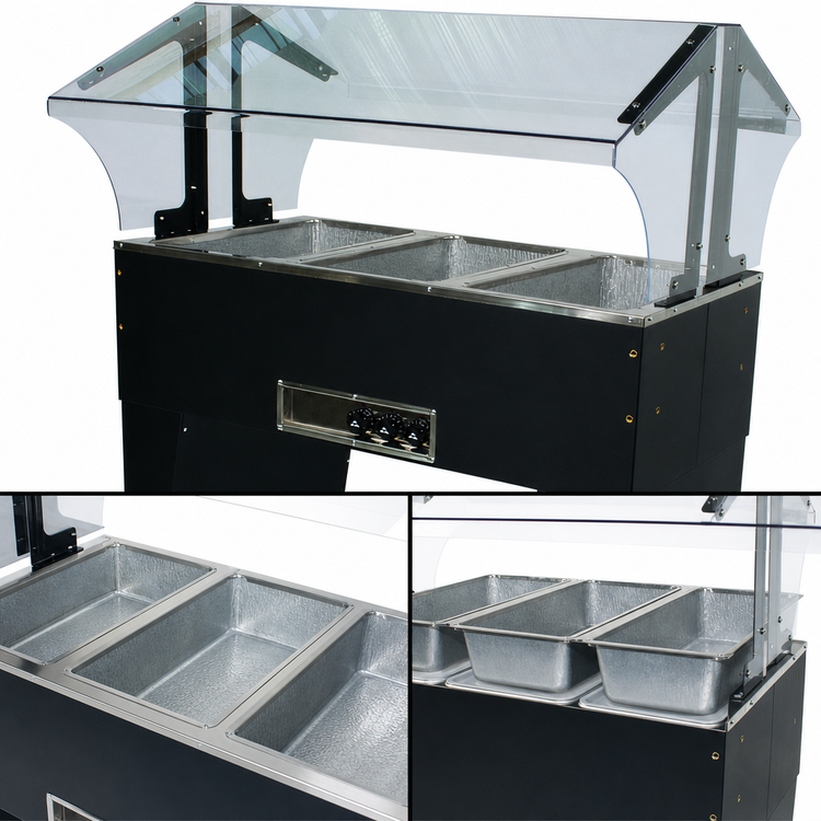 Product image #4 for Portable Electric Hot Food Buffet Table with 3 Galvanized Wells, Open Base, Double-Sided Sneeze Guard, 47-1/8 Inch Wide, 208-240V