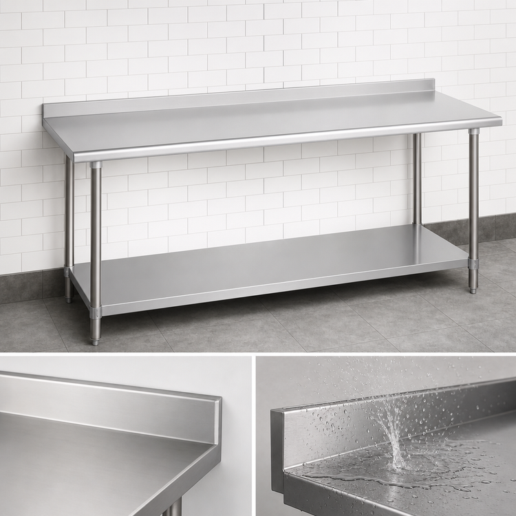 Product image #4 for Duke 144-Inch x 30-Inch Stainless Steel Work Table with 1-1/8-Inch Straight Riser and Undershelf
