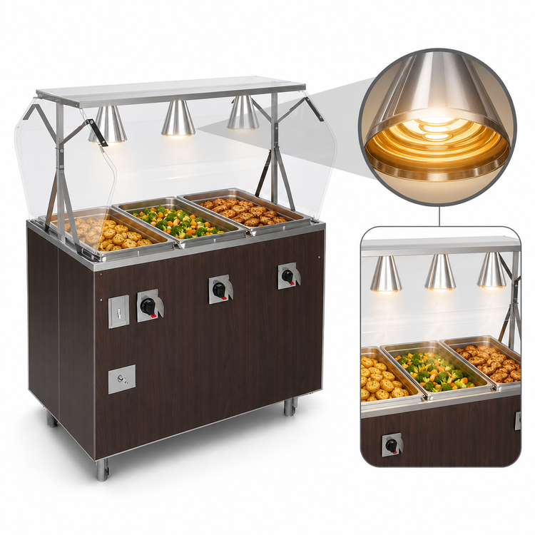 Product image #4 for Vollrath 2-Series Affordable Portable 3-Well Mobile Hot Food Station with Buffet Breath Guard and Lights, Walnut Woodgrain, 120V