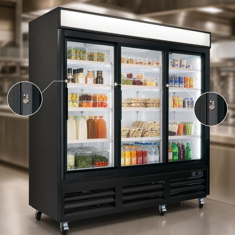 Product image #4 for Kelvinator Commercial Three-Section Reach-In Refrigerated Glass Door Merchandiser, 72 Cu. Ft., Bottom-Mount Self-Contained Refrigeration