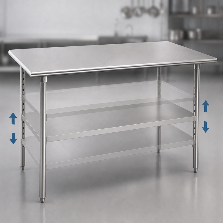 Product image #4 for Advance Tabco 144" x 30" 16-Gauge 304 Stainless Steel Flat Top Work Table with Adjustable Undershelf