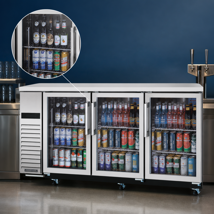 Product image #4 for Turbo Air Super Deluxe Three-Section Narrow Back Bar Cooler with 3 Glass Doors