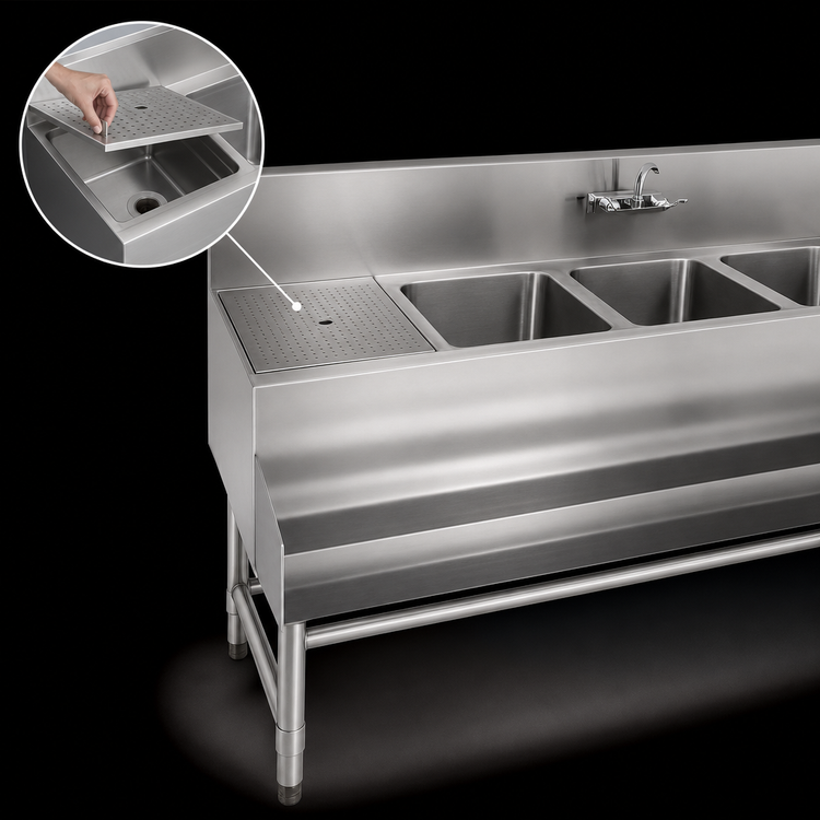 Product image #4 for Spec-Bar Three-Compartment Stainless Steel Underbar Sink Unit with Left Drainboard, 66-Inch Wide