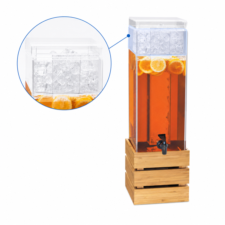 Product image #4 for Bamboo 3 Gallon Single Square Acrylic Beverage Dispenser with Ice Chamber and Crate Stand