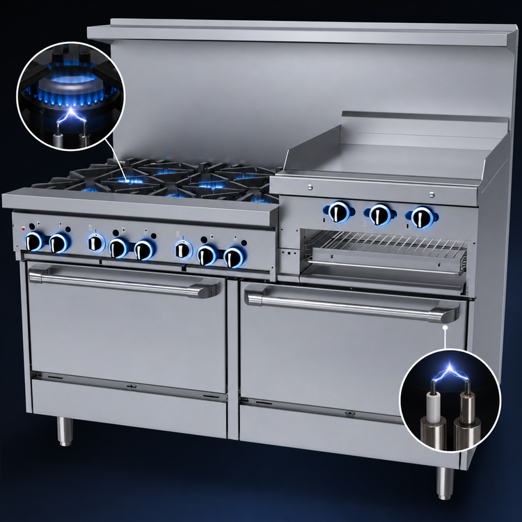 Product image #4 for Garland GFE Starfire Pro 60-Inch Gas Restaurant Range with 6 Open Burners, Right-Side 24-Inch Raised Griddle/Broiler, and 2 Standard Ovens