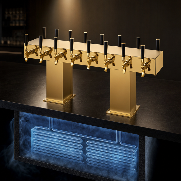 Product image #4 for Perlick Back-to-Back Bridge Tee Countertop Glycol-Cooled Draft Beer Tower, Extra High, Brass Finish, 20 Faucets