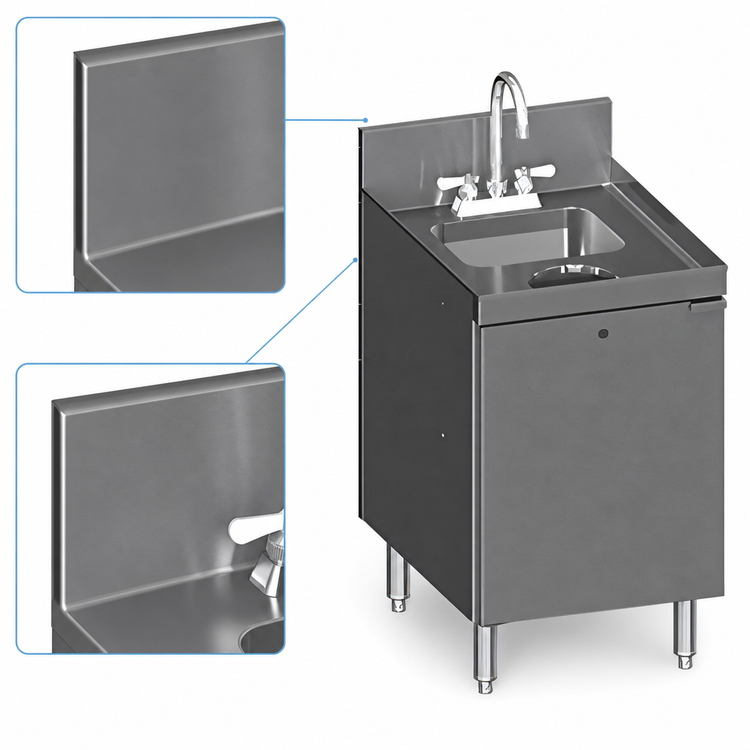 Product image #4 for CHOICE 18-Inch Stainless Steel Underbar Hand & Dump Sink Cabinet with Open Front, Dry Waste Chute, and Gooseneck Faucet
